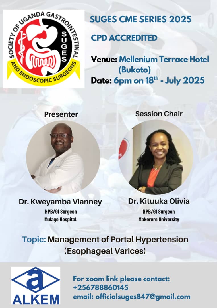 🔥 Make sure you don't miss this talk by our great surgeons!

👉 Topic: SUGES CME: Management of portal HTN (Esophageal Varices)
Time: Jul 18, 2025 06:00 PM Nairobi
Join Zoom Meeting
densem.zoom.us/j/97213260645?…

Meeting ID: 972 1326 0645
Passcode: 451573