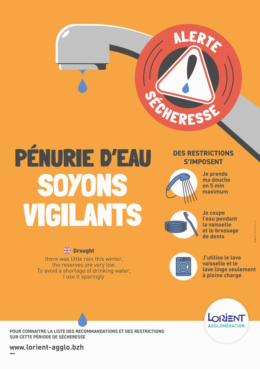 ⚠️ Alerte sécheresse
💧 Le territoire de Lorient Agglo est placé par la préfecture du Morbihan en vigilance de niveau "alerte sécheresse"
🤝 Lorient Agglo appelle les usagers à adopter un comportement solidaire et économe dans l’usage de l’eau

+d'infos 👉 l-a.bzh/3d091
