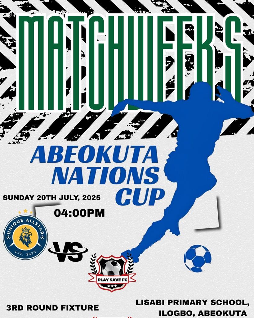 Abeokuta_NCup's tweet photo. MATCH WEEK 5 (DAY 6) FIXTURES: 

SUNDAY, JULY 20TH, 2025

#AbeokutaNationsCup25 | #ANC2025 https://t.co/8qlxxQdUJu