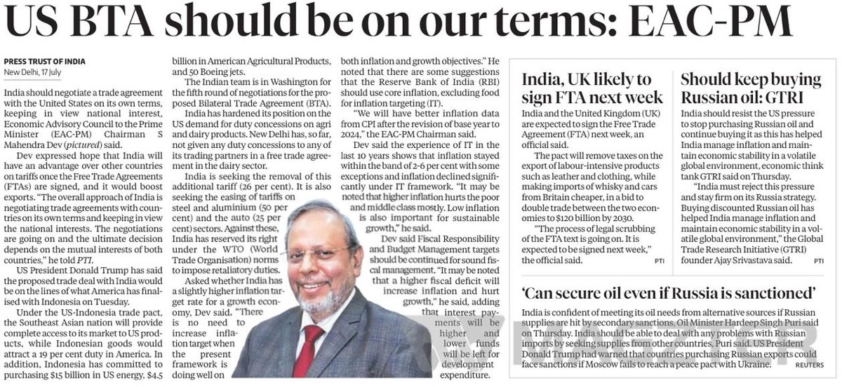 Hon’ble Chairman of <a href="/EACtoPM/">EAC-PM</a>, Dr. S. Mahendra Dev emphasized that India will negotiate US BTA on its own term, prioritizing national interests.

business-standard.com/india-news/ind…