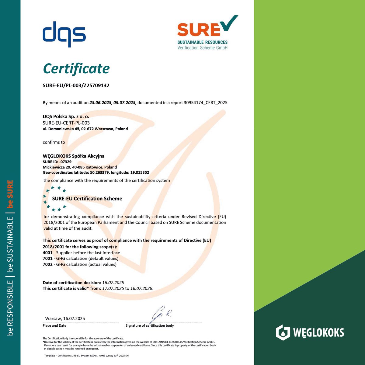 𝗪𝗿𝗮𝗰𝗮𝗺𝘆 𝗻𝗮 𝗿𝘆𝗻𝗲𝗸 𝗯𝗶𝗼𝗺𝗮𝘀𝘆!

WĘGLOKOKS S.A. zdobył Certyfikat SURE, potwierdzający zgodność naszej działalności w obszarze biomasy z wymogami europejskiej dyrektywy RED III