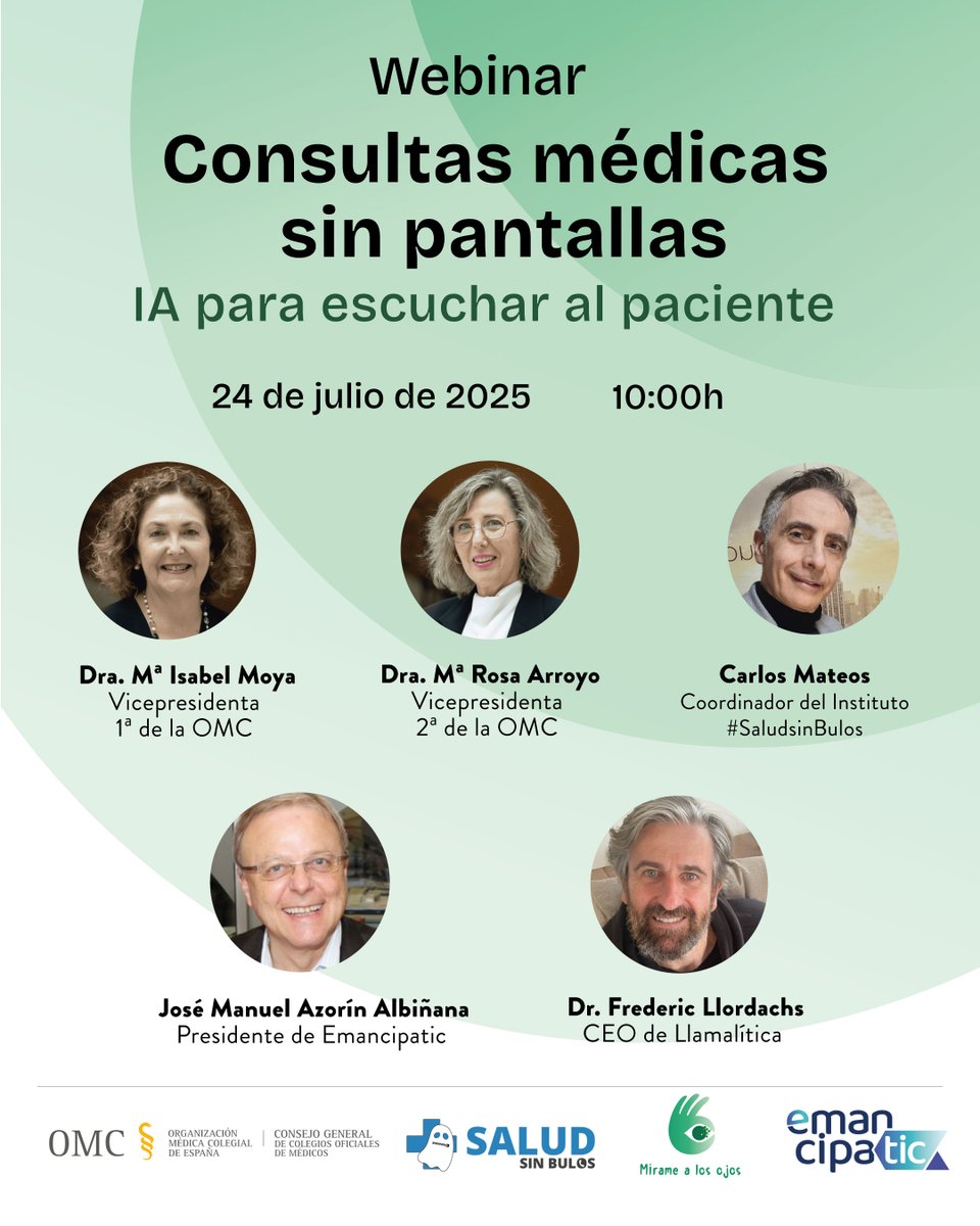 #SaludsinBulos (@saludsinbulos) on Twitter photo 📺 Consultas médicas sin pantallas, IA para escuchar al paciente. Con:
🔸 Mª Isabel Moya, vpta 1ª de <a href="/CGCOM_Esp/">Consejo General de Médicos</a>
🔸 Rosa Arroyo, vpta 2ª de <a href="/CGCOM_Esp/">Consejo General de Médicos</a>
🔸 José M. Azorín, pte de <a href="/emancipaTIC/">emancipaTIC</a>
🔸 <a href="/fllordachs/">Frederic Llordachs-Marqués</a>, CEO de <a href="/Llamalitica/">Llamalitica</a>
🔸 <a href="/carloscomsalud/">Carlos Mateos, consultor de comunicación en salud</a>
👉 link.comsalud.es/sinpantallas 📺 Consultas médicas sin pantallas, IA para escuchar al paciente. Con:
🔸 Mª Isabel Moya, vpta 1ª de <a href="/CGCOM_Esp/">Consejo General de Médicos</a>
🔸 Rosa Arroyo, vpta 2ª de <a href="/CGCOM_Esp/">Consejo General de Médicos</a>
🔸 José M. Azorín, pte de <a href="/emancipaTIC/">emancipaTIC</a>
🔸 <a href="/fllordachs/">Frederic Llordachs-Marqués</a>, CEO de <a href="/Llamalitica/">Llamalitica</a>
🔸 <a href="/carloscomsalud/">Carlos Mateos, consultor de comunicación en salud</a>
👉 link.comsalud.es/sinpantallas