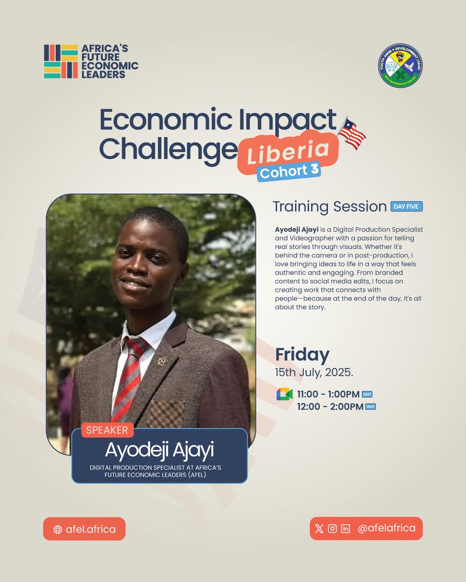Day 5 of the #AFEL Economic Impact Challenge Liberia 🇱🇷 training!

Today, we dive into Video Presentation &amp; Digital Communication. From scripting advocacy videos to speaking with confidence, it's time to turn ideas into impactful digital stories!

#Liberia #AfCFTA