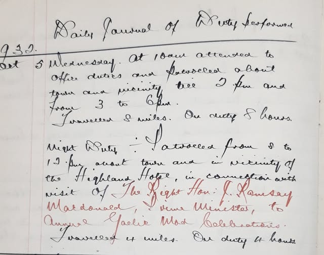 HLHArchives's tweet image. Daily Occurence Book of PS Fraser, dated Oct 5th 1932,
'Patrolled ... in vicinity of the Highland Hotel, in connection with visit of The Right Honourable J. Ramsay MacDonald, Prime Minister, to annual Gaelic Mod Celebrations.
@NationalMod
#lochaber #archives #politics #HLH