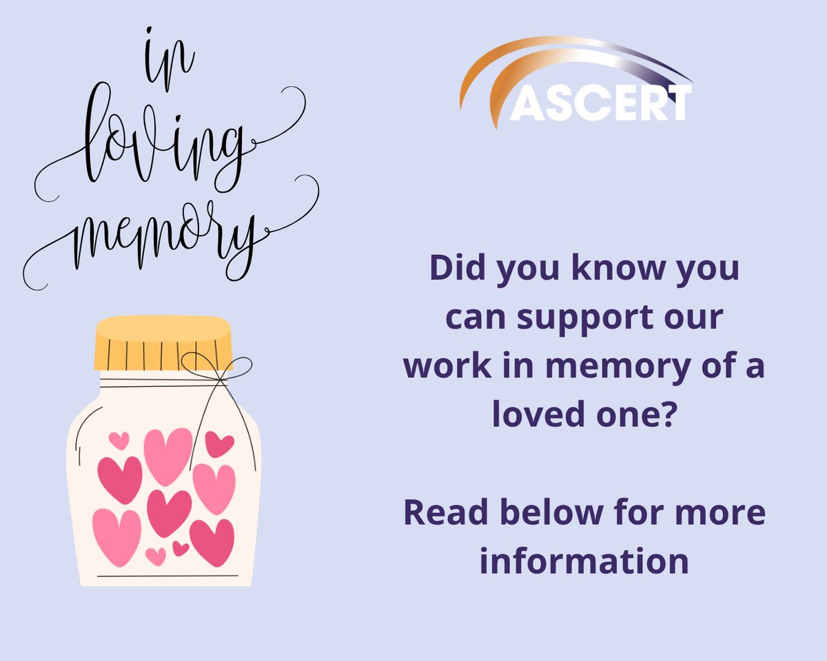 ASCERTNI's tweet image. You can make a donation to ASCERT in memory of a loved one, honouring their life and supporting our work across NI supporting young people, families & adults dealing with the harm caused by alcohol and drugs
Email fundraising@ascert.biz for more information