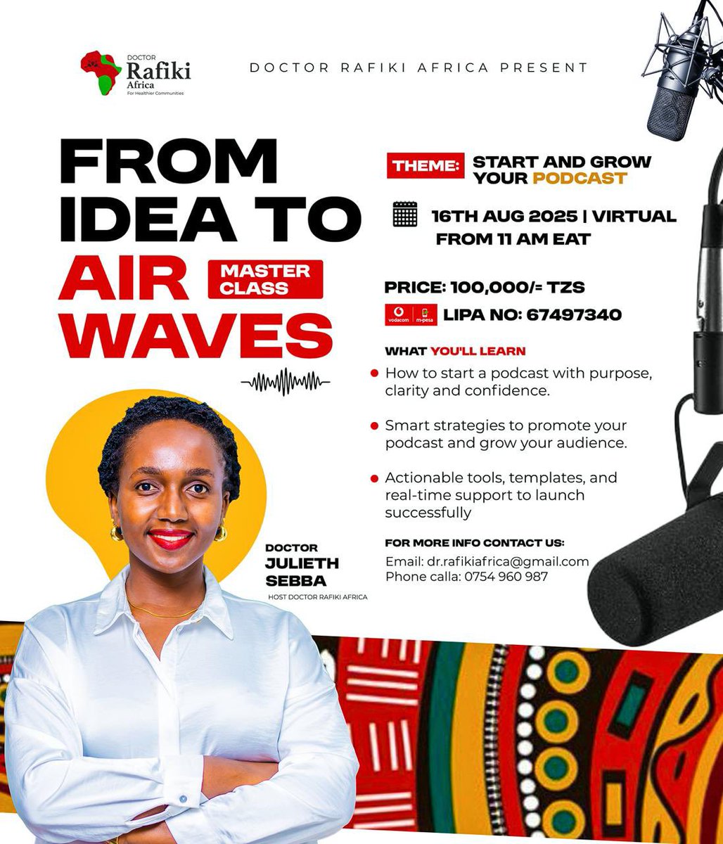 Julieth Sebba Bilakwate, MD (@juliethsebbamd) on Twitter photo Hi there!
Having a  podcast idea but not sure where to start? Let me help you launch 🎙️
Join this 3-part Masterclass and learn how to start and promote your podcast like a pro.
🎧Limited seats. Let’s amplify your voice! Hi there!
Having a  podcast idea but not sure where to start? Let me help you launch 🎙️
Join this 3-part Masterclass and learn how to start and promote your podcast like a pro.
🎧Limited seats. Let’s amplify your voice!