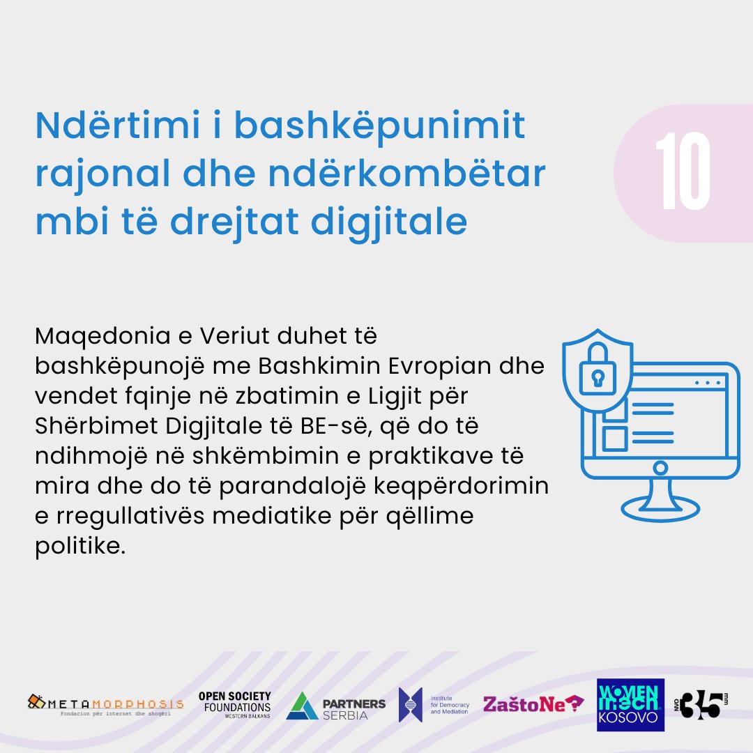 📌 Vendosja e bashkëpunimit rajonal dhe ndërkombëtar mbi të drejtat digjitale është një nga rekomandimet nga hulumtimi Implikimet e Ligjit për Shërbime Digjitale të BE-së mbi organizatat e shoqërisë civile dhe gazetarët hulumtues në Maqedoninë e Veriut
tinyurl.com/2zms2uxw