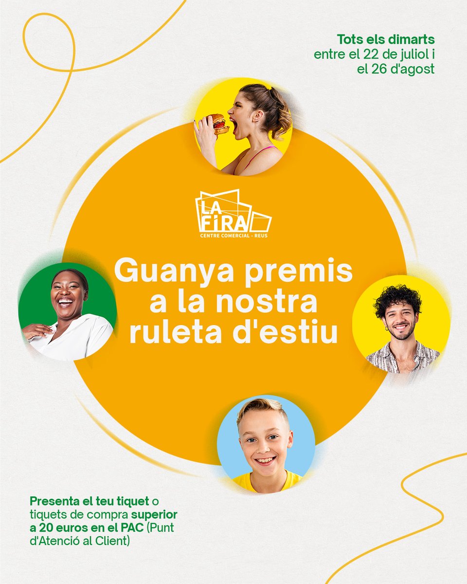 🎁 Vine a La Fira i participa a la nostra ruleta d’estiu... pots guanyar regals només per comprar!

🛍 Presenta el teu tiquet (o tiquets) de compra per valor de més de 20 € al Punt d’Atenció al Client i… gira la ruleta!

📅 Cada dimarts del 22 de juliol al 26 d’agost!