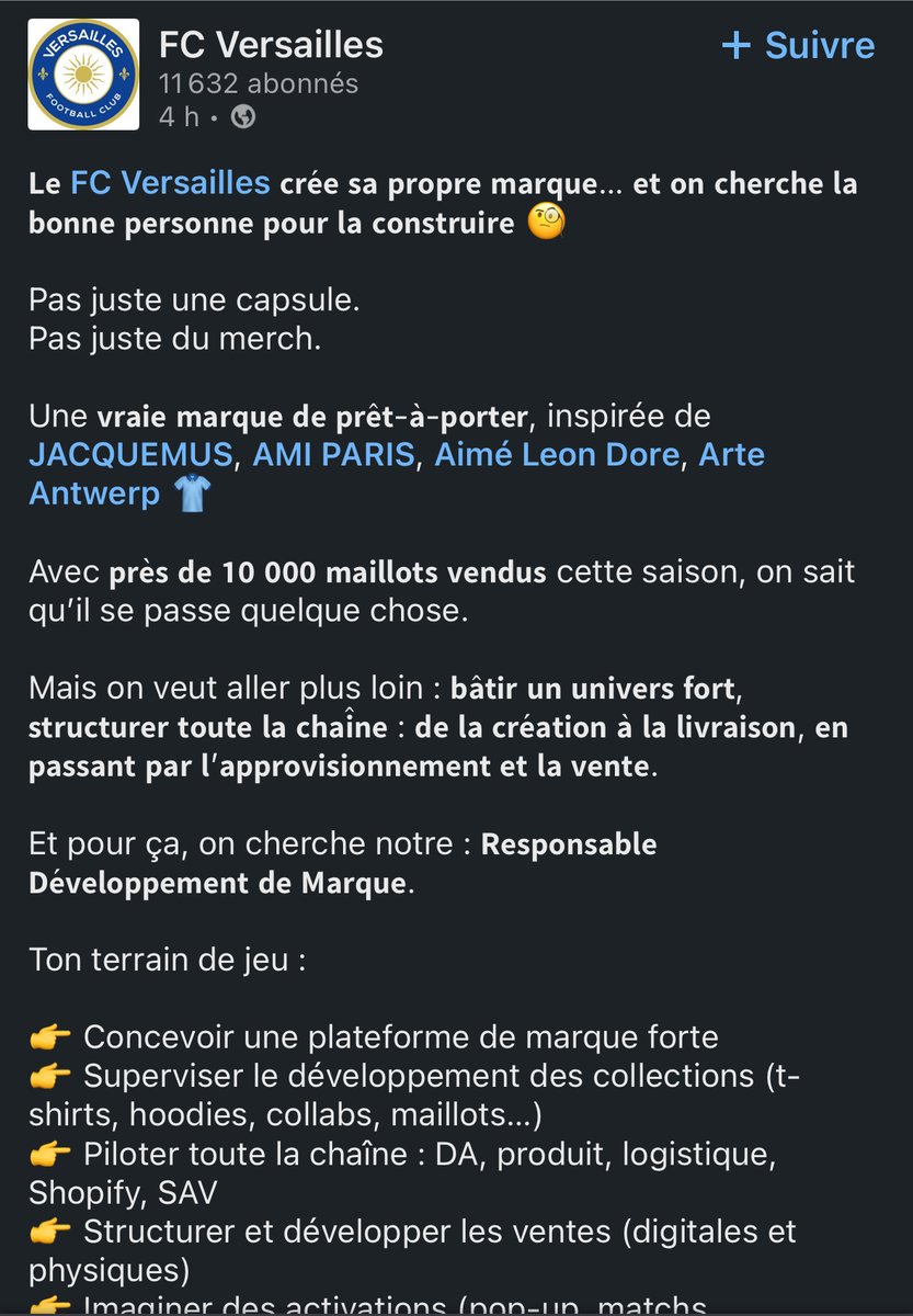 KillianB22's tweet image. 💭 Le FC Versailles veut lancer sa propre marque de prêt-à-porter, "inspirée de Jacquemus, AMI, Aimé Leon Dore, ARTE".
C’est ambitieux. C’est aussi, à mon humble avis, la mauvaise direction à prendre. ⤵️
Et cela dit beaucoup de ce que le club ne fait pas toujours dans l’ordre…