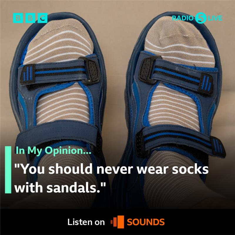 bbc5live's tweet image. In My Opinion: “You should never wear socks with sandals.”
5 Live's presenter for the week, Kylie Pentelow says sandals are summer footwear and shouldn’t be worn with socks.
What do you think?