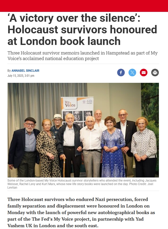 ‘A victory over the silence’: Holocaust survivors honoured at London book launch 

Thank you <a href="/JewishNewsUK/">Jewish News</a> for joining My Voice and our partners <a href="/yadvashemUK/">Yad Vashem UK</a> at our most recent launch of three new My Voice Survivor Storyteller books by Jacques Weisser, Rachel Levy and Kurt Marx.