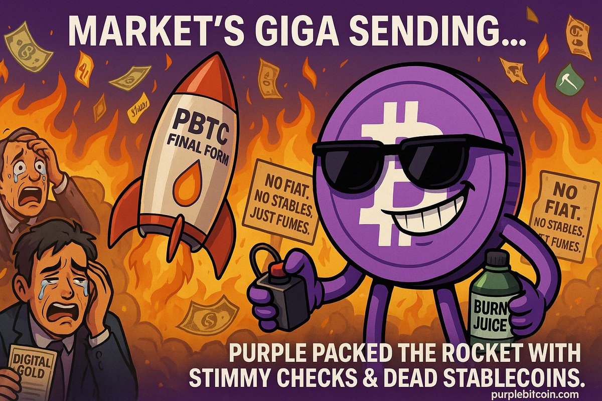 coinwizz303's tweet photo. @cryptojourneyrs GIGA SEND initiated.
Purple stuffed the rocket with:
🧻 U.S. dollars
⚰️ expired stablecoins
🥲 banker severance packages
…then chugged a Burn Juice and yelled:
“LFGGGG!” 🚀🔥🤣
#PBTC #PurpleBitcoin #DeadFiat #GigaSend
#Bitcoin https://t.co/9gzYijUNl9