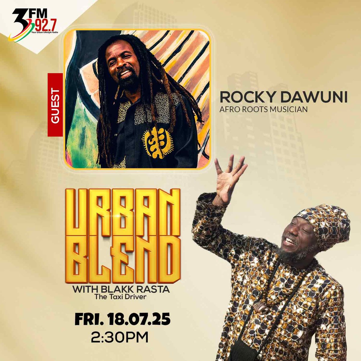 Multiple Grammy nominee and Afro Roots music legend, <a href="/RockyDawuni/">Rocky Dawuni</a>  joins <a href="/Blakkrasta/">BLAKK RASTA</a> on #UrbanBlend this afternoon to drop an exclusive.

#3FM927