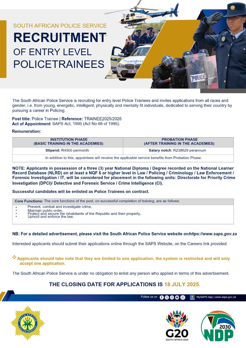 stevestansa's tweet photo. SAPS Police Trainee Programme 2025/2026 Applications closing soon

#sapsHQ [SAPS E-RECRUITMENT DRIVE FOR 5500 POLICE TRAINEES] #PoliceTrainees applications surpass 900,000 mark as closing date looms.

More info:  https://t.co/OqYKh7CxrF

#JobSeekersSA https://t.co/srZzXXCLXE