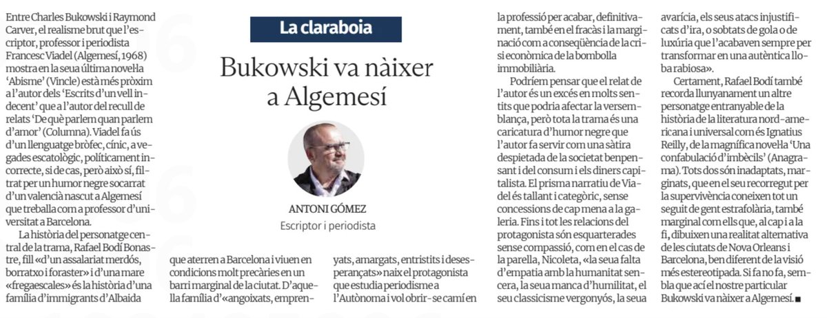 Manolo Gil (@manologild) on Twitter photo Molt contents. <a href="/AntoniGmez/">Antoni Gómez</a> fa aquesta ressenya d'Abisme, de <a href="/FrancescViadel/">Francesc Viadel</a> a <a href="/levante_emv/">Levante-EMV</a> La nostra barreja de Bukowski i Kennedy-Toole. Moltes gràcies, Toni. Abisme ens està donant moltes alegries. <a href="/Vincle_Ed/">Vincle Editorial</a> Molt contents. <a href="/AntoniGmez/">Antoni Gómez</a> fa aquesta ressenya d'Abisme, de <a href="/FrancescViadel/">Francesc Viadel</a> a <a href="/levante_emv/">Levante-EMV</a> La nostra barreja de Bukowski i Kennedy-Toole. Moltes gràcies, Toni. Abisme ens està donant moltes alegries. <a href="/Vincle_Ed/">Vincle Editorial</a>