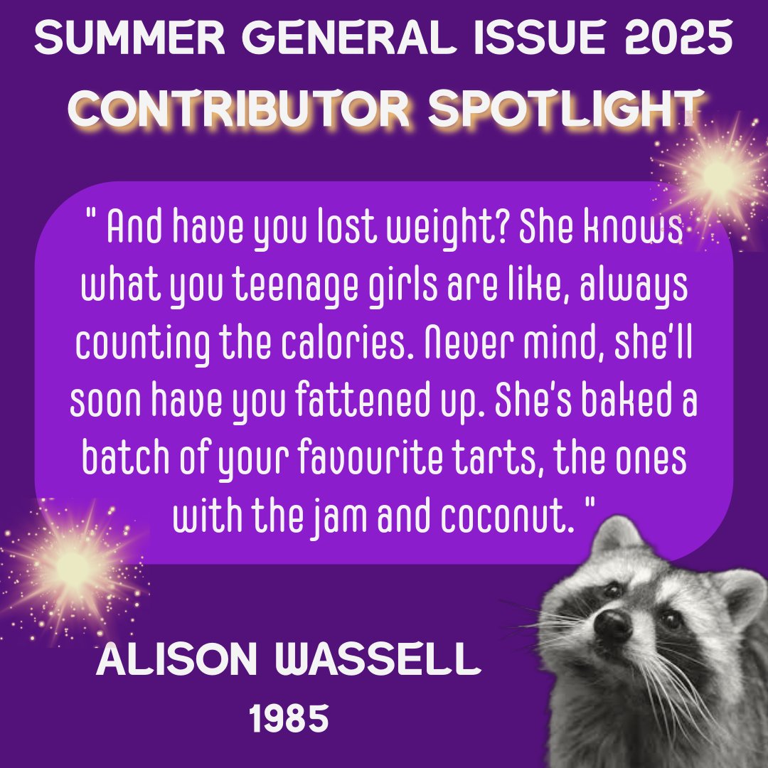 TrashCatLit's tweet image. From our latest issue 🦝
We loved Alison's @lilysslave onslaught of nostalgia and the recognisable feisty assuredness of the teen MC.
A piece that builds and builds, ending with a killer last line.
Read and listen to Alison's story, read by her, here:
trashcatlit.com/1985-2/