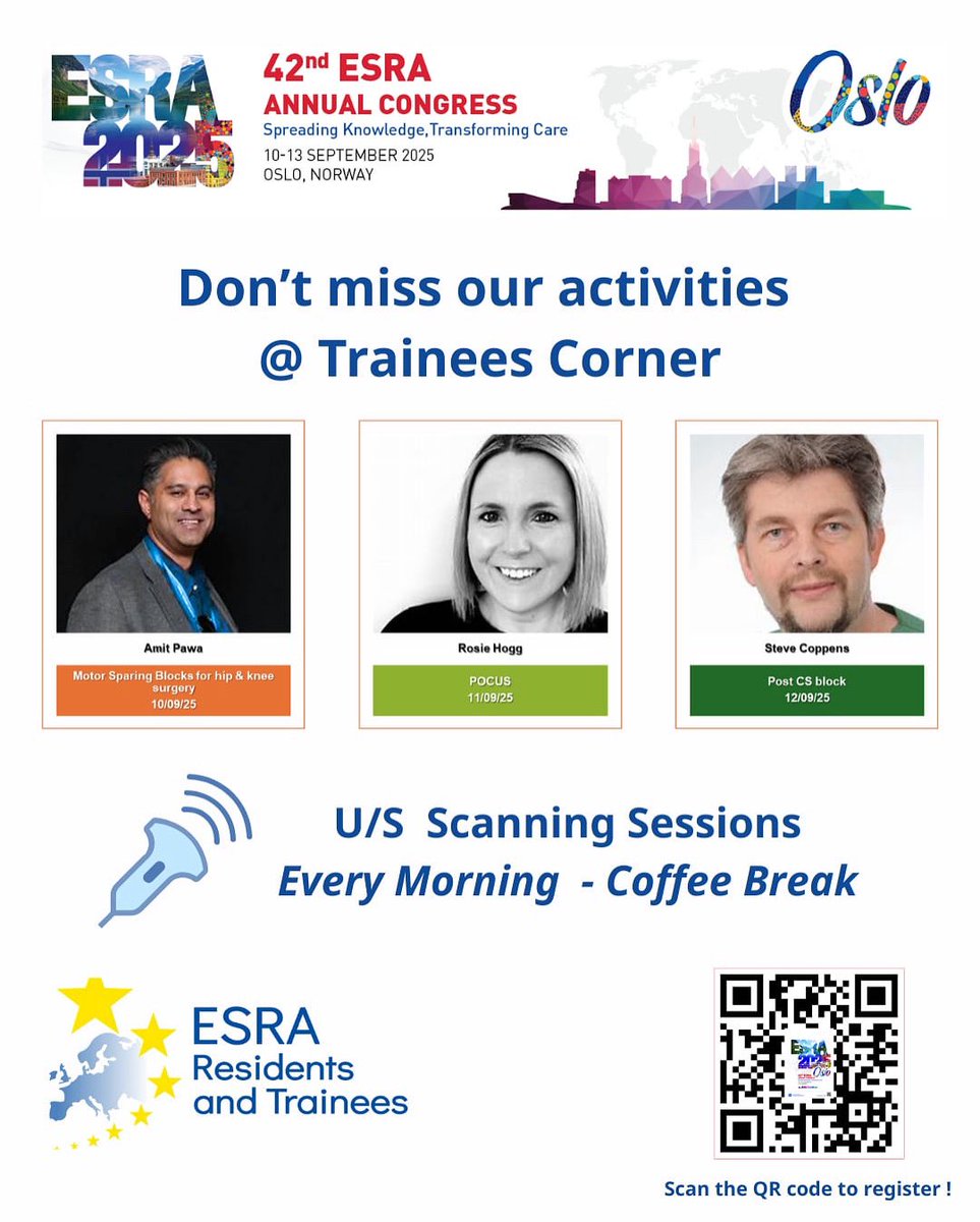 ESRA Trainees (@esra_trainees) on Twitter photo Trainees Activities at #ESRA2025
Join us  for interactive U/S Scanning Sessions every morning during the coffee break! โ 10โ13 Sept |Trainees Corner
๐ Learn. Scan. Connect.
๐ฒ Scan to register! #esrasociety #esratrainees #RAenthusiasts Trainees Activities at #ESRA2025
Join us  for interactive U/S Scanning Sessions every morning during the coffee break! โ 10โ13 Sept |Trainees Corner
๐ Learn. Scan. Connect.
๐ฒ Scan to register! #esrasociety #esratrainees #RAenthusiasts