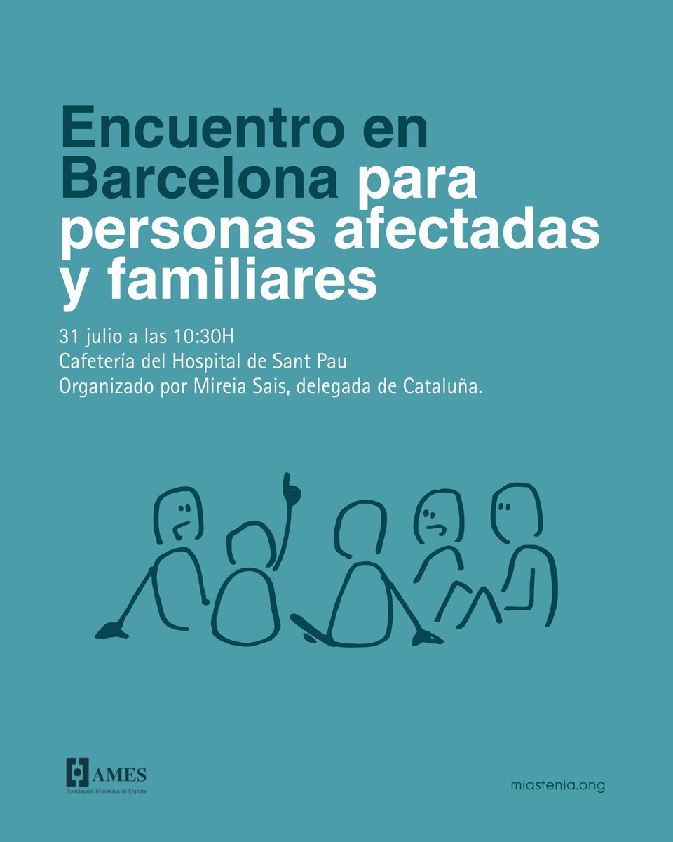 AMES (@amesmiastenia) on Twitter photo Encuentro de personas afectadas y familiares en Barcelona
🗓 31 de julio a las 10:30h
📍 Cafetería del Hospital de Sant Pau (Barcelona)
👥 Organiza: Mireia Sais, delegada de Cataluña
¡Ven a desayunar con nosotros! Encuentro de personas afectadas y familiares en Barcelona
🗓 31 de julio a las 10:30h
📍 Cafetería del Hospital de Sant Pau (Barcelona)
👥 Organiza: Mireia Sais, delegada de Cataluña
¡Ven a desayunar con nosotros!