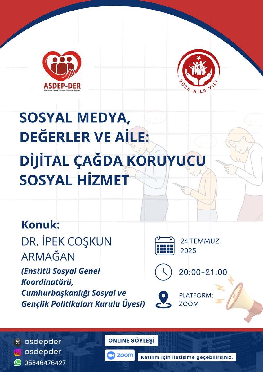 🎙️ Dijital Dünyada Aileyi ve Değerleri Konuşuyoruz!

📌 ASDEP-DER Söyleşi Programı kapsamında önemli bir buluşmaya davetlisiniz.

📅 24 Temmuz 2025 Perşembe
⏰ 20:00 – 21:00
📍 Zoom üzerinden canlı
🎤 Konuk: Dr. İpek Coşkun Armağan
(Enstitü Sosyal Genel Koordinatörü,