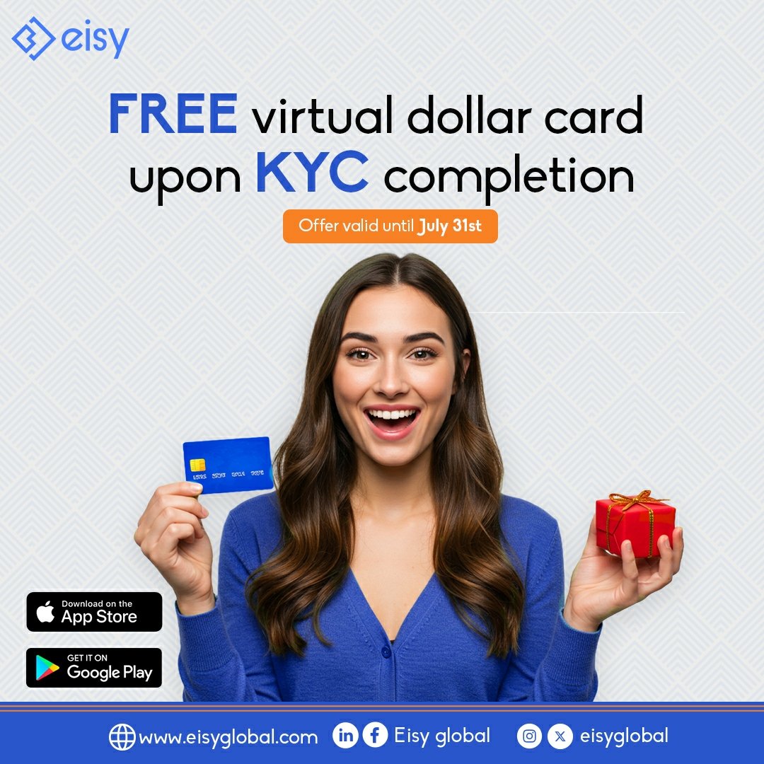 Patek_10's tweet image. No fees. No delays. 
Complete your KYC and get a FREE virtual dollar card to make global payments stress-free.

✨ Perfect for subscriptions
🌍 Works anywhere, anytime
🔒 Safe, secure, Eisy

#FreeVirtualCard #EisyCard #KYCPerks #NoFeesJustFlex #GlobalSpending #DigitalCardGoals