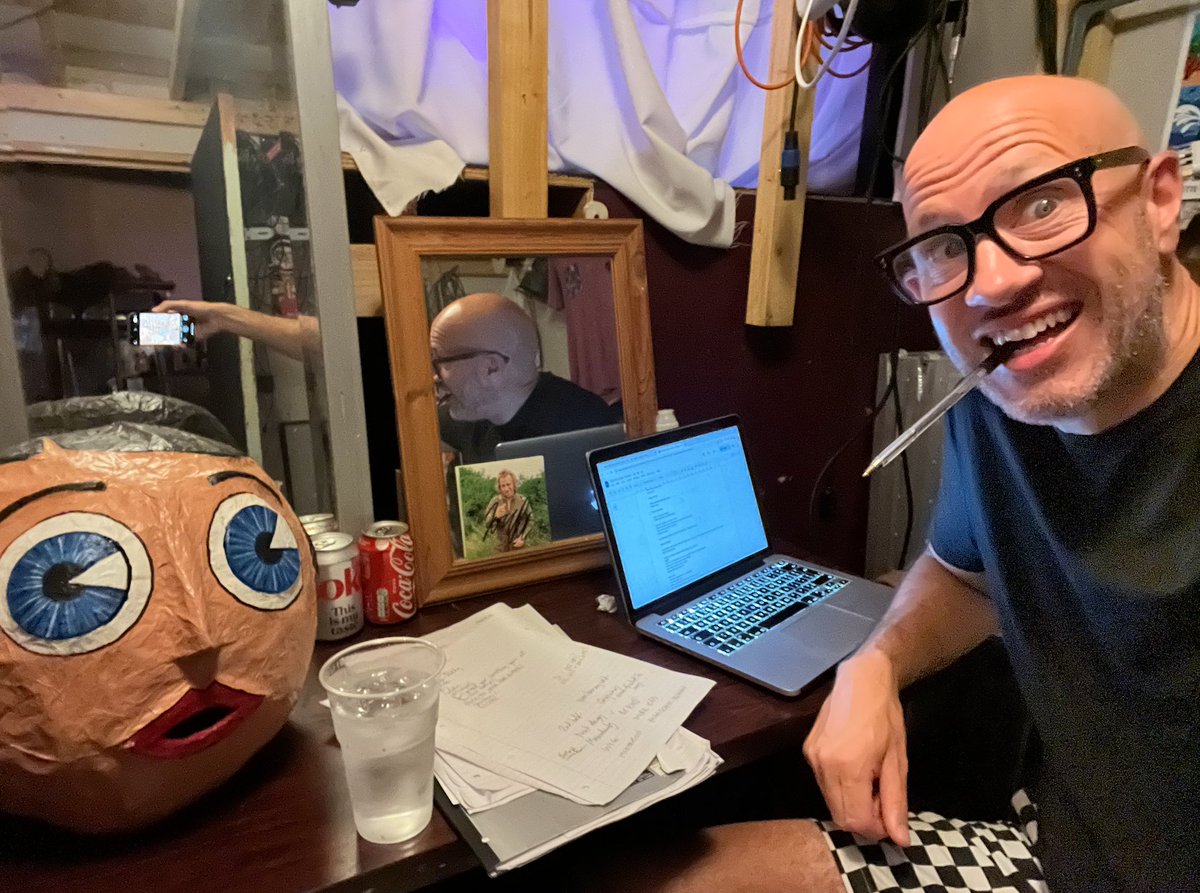 sam__avery's tweet image. AMAZING crowd in Ulverston last night at the Laurel and Hardy Museum for my tour preview!
Here's a pic of me prepping for the show backstage with all my notes and a slightly random Frank Sidebottom head.
Can't wait to start the show properly in September.