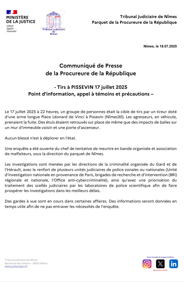 📢Communiqué de presse 
Tirs à Pissevin et actions judiciaires en deux posts ⬇️
