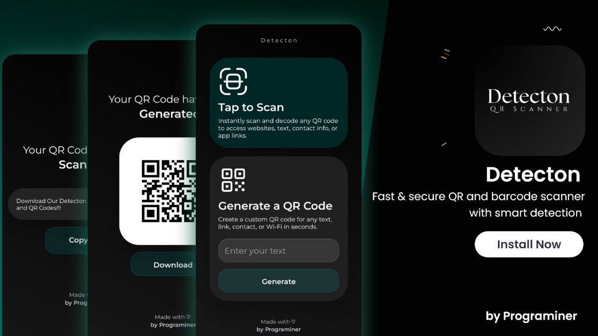 teamPrograminer's tweet photo. 🚀 Meet Detecton – your all-in-one QR scanner &amp; maker app!
📲 Scan fast, create smart – clean UI, no ads, lightning speed!
Available now – built with 💻 + ❤️
#Detecton #Programiner https://t.co/K70Ldg9ZP7