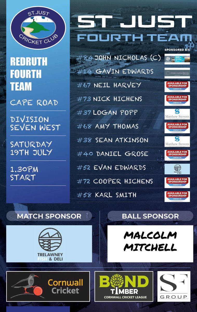 St Just Cricket Club (@stjustcc) on Twitter photo Your teams for the weekend fixtures with the 1sts and 4ths home at Cape Road. Thanks to matchday sponsors <a href="/trelawneyfish/">Trelawney Fish</a> and Malcolm Mitchell. Bar open from 12 with special guest BIG DOG - DJ, Karaoke, Entertainment playing from 8pm ☀️🏏🎧 Your teams for the weekend fixtures with the 1sts and 4ths home at Cape Road. Thanks to matchday sponsors <a href="/trelawneyfish/">Trelawney Fish</a> and Malcolm Mitchell. Bar open from 12 with special guest BIG DOG - DJ, Karaoke, Entertainment playing from 8pm ☀️🏏🎧