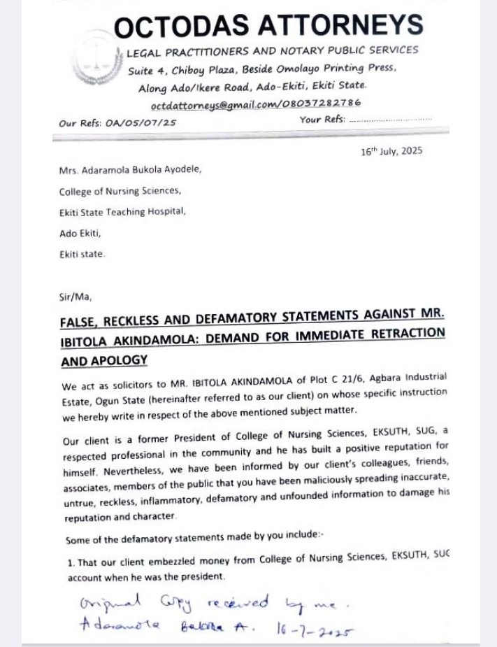 ekititrends's tweet image. College of Nursing Ado-Ekiti: Former SUG President Drags Lecturer to Court.

Comrade Ibitola Akindamola, a registered nurse and former Student Union Government (SUG) President at the College of Nursing Sciences, Ekiti State Teaching Hospital (EKSUTH) in Ado Ekiti, has filed a…