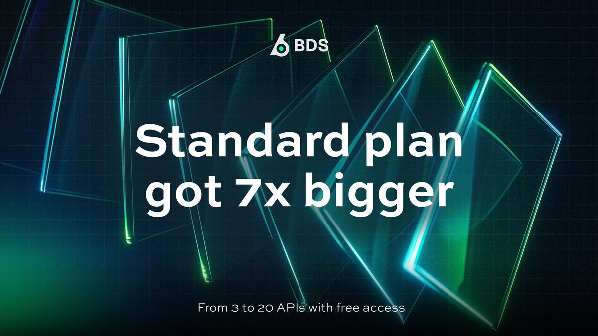 birdeye_data's tweet photo. Your favorite BDS Standard plan just got 7x bigger 🔥

Instead of 3, Standard users can now access 20 APIs spanning across 10 chains @solana @SuiNetwork @ethereum @BNBCHAIN @arbitrum @avax @base @Optimism @0xPolygon @zksync ✌️

All for FREE!
