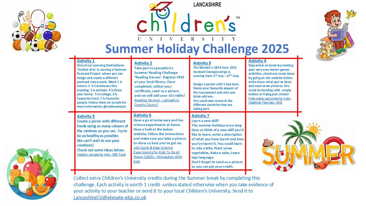 Here is our summer holiday Challenge! Complete as many of the challenges as you wish and then e-mail your evidence to LancashireCU@elevate-ebp.co.uk
1 credit for each challenge - except the summer reading challenge - Reading Heroes - which is worth 10 credits! #LearningforFun