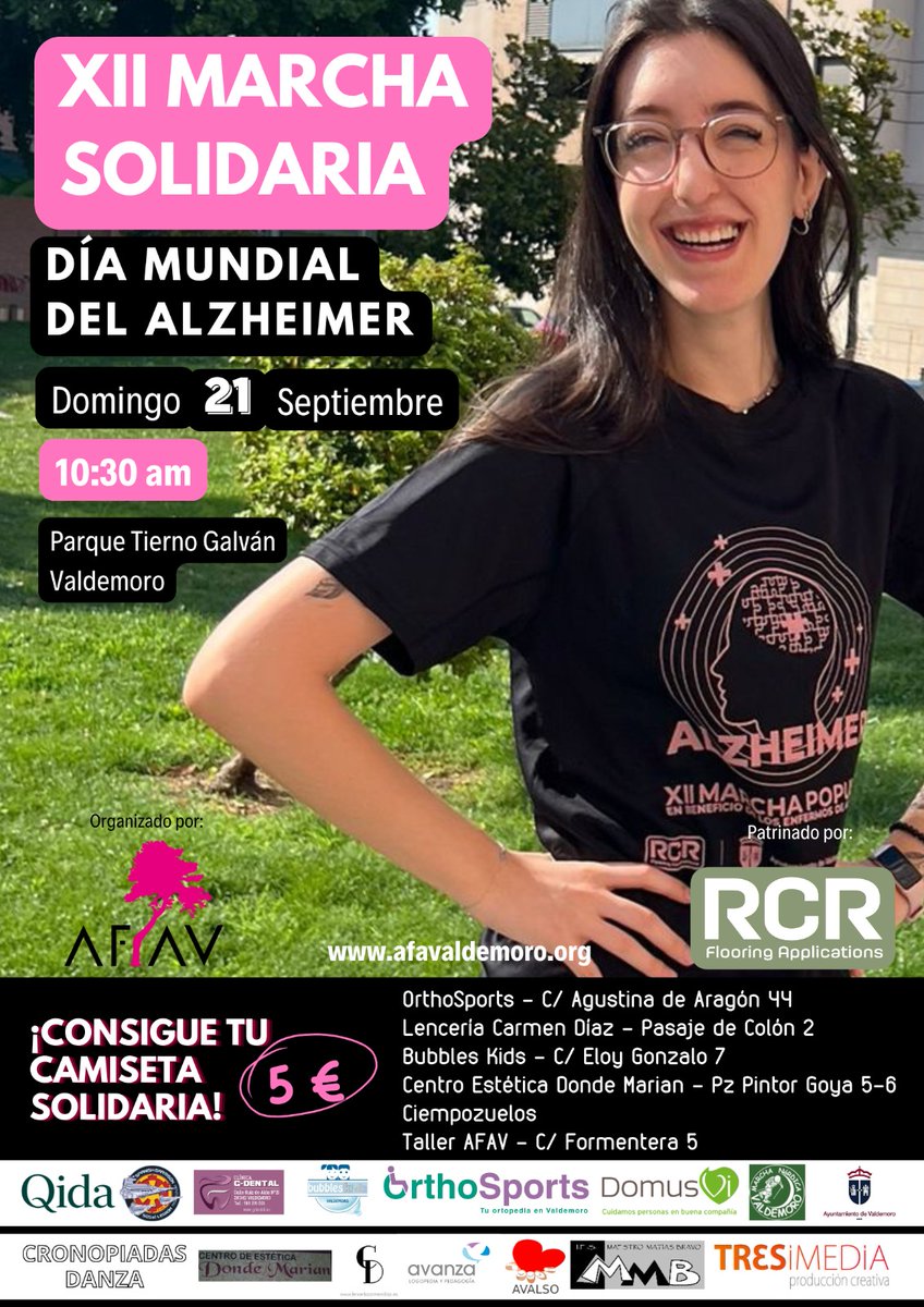 MARCHA SOLIDARIA POR EL ALZHEIMER – VALDEMORO
Domingo 21 de septiembre
Salida: Parque Tierno Galván
Hora: 10:30 h
Recorrido circular por las calles de Valdemoro
¡Caminamos por la memoria, por las familias, por una vida digna!
¡Súmate y ayúdanos a dar visibilidad al Alzheimer!