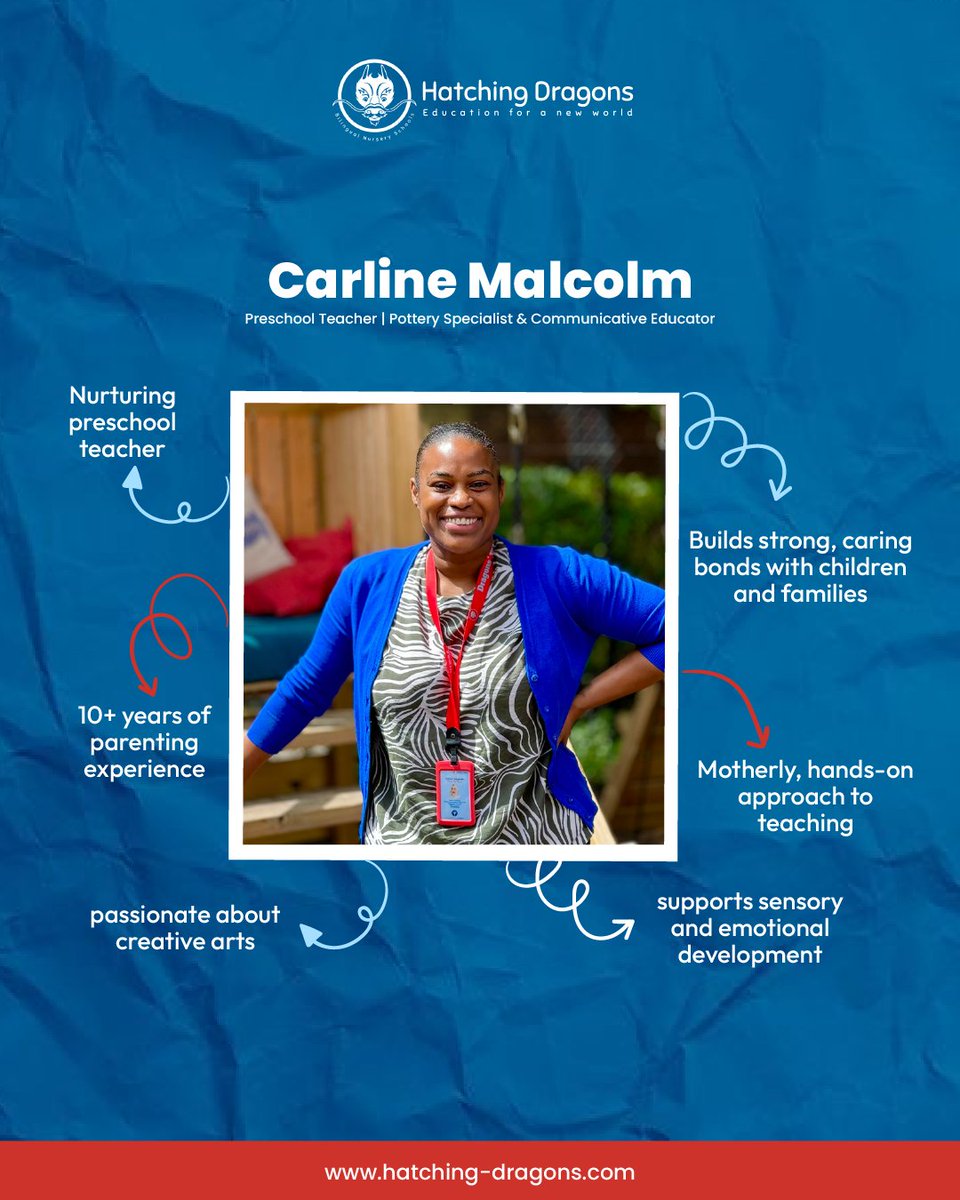 Meet Carline Malcolm – our nurturing preschool teacher &amp; pottery pro! 🎨
With 10+ years of parenting experience, she brings warmth, creativity &amp; sensory play to the classroom—helping little ones express themselves through art.

#HatchingDragons #EYFS #PotteryPlay
