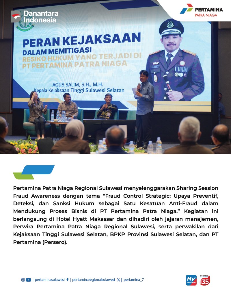 pertamina_7's tweet photo. 🔍 Waspada, Bersinergi, Berintegritas!
Pertamina Patra Niaga Regional Sulawesi menggelar Fraud Awareness Session sebagai upaya memperkuat budaya antikorupsi dan tata kelola yang baik.

💡 Kegiatan ini turut menghadirkan strategi sinergi bersama Kejaksaan, BPKP, dan PT Pertamina (Persero) untuk meningkatkan kewaspadaan terhadap potensi penipuan dan memperkuat komitmen, integritas di lingkungan kerja.

Bersama kita wujudkan #PertaminaBersih, #KerjaDenganIntegritas! 💪

#PertaminaSulawesi
#PertaminaPatraNiaga
#energizingyourjourney