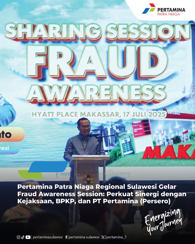 pertamina_7's tweet photo. 🔍 Waspada, Bersinergi, Berintegritas!
Pertamina Patra Niaga Regional Sulawesi menggelar Fraud Awareness Session sebagai upaya memperkuat budaya antikorupsi dan tata kelola yang baik.

💡 Kegiatan ini turut menghadirkan strategi sinergi bersama Kejaksaan, BPKP, dan PT Pertamina (Persero) untuk meningkatkan kewaspadaan terhadap potensi penipuan dan memperkuat komitmen, integritas di lingkungan kerja.

Bersama kita wujudkan #PertaminaBersih, #KerjaDenganIntegritas! 💪

#PertaminaSulawesi
#PertaminaPatraNiaga
#energizingyourjourney