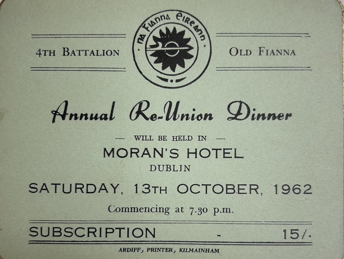 4th Battalion Fianna admission ticket to a re-union dinner held in Dublin in 1962.