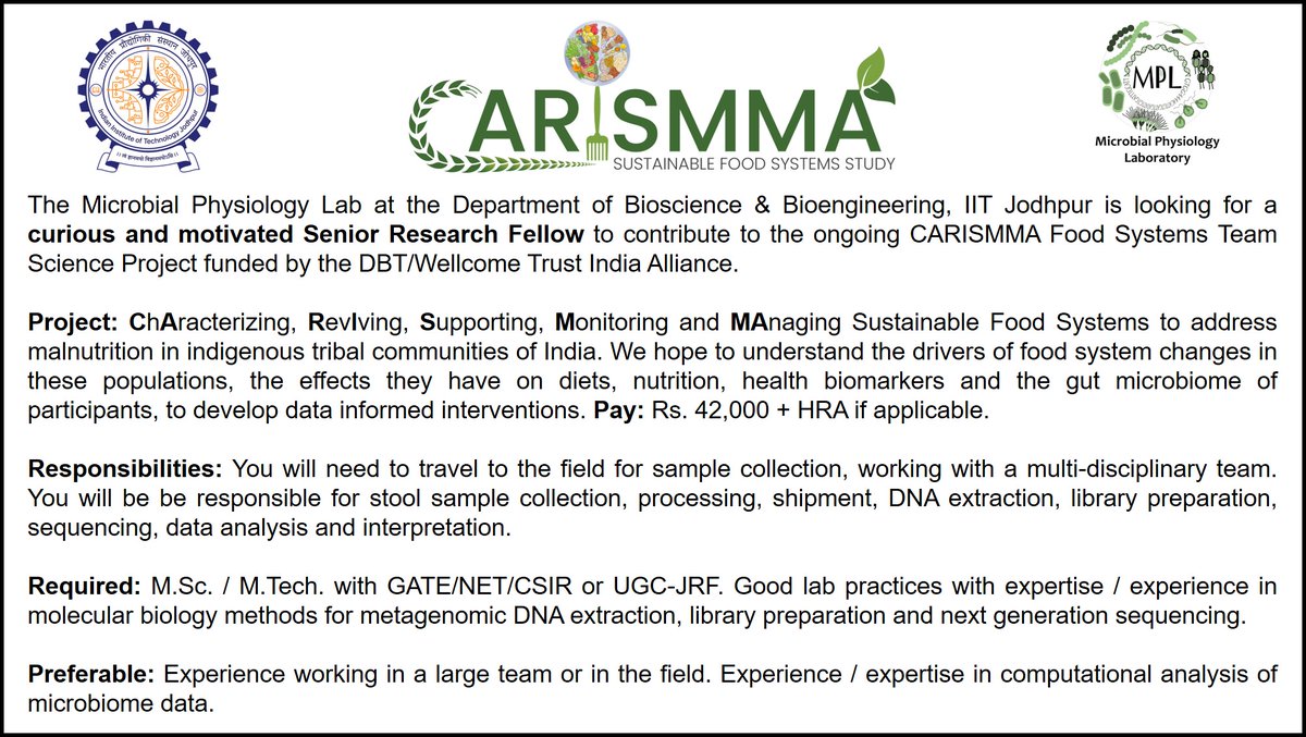 Shankar Manoharan (@smanoharan_naan) on Twitter photo We're looking for a motivated and curious SRF to contribute to the CARISMMA Food systems study at the Microbial Physiology Lab <a href="/iitjodhpur/">Indian Institute of Technology Jodhpur</a>
Please share for better reach.
Apply here: forms.gle/SoMMsM8EfYcEwf…
Apply by: 22.07.25 at 5.00 pm We're looking for a motivated and curious SRF to contribute to the CARISMMA Food systems study at the Microbial Physiology Lab <a href="/iitjodhpur/">Indian Institute of Technology Jodhpur</a>
Please share for better reach.
Apply here: forms.gle/SoMMsM8EfYcEwf…
Apply by: 22.07.25 at 5.00 pm