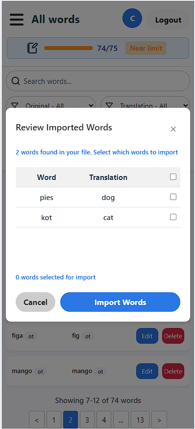 MikeTrusky's tweet image. 📱Mobile redesign in progress!
Just redesigned the Import Words and Review Imported Words panels! 🚀
They look so much better on mobile now! 🤩
Anything you&apos;d improve? Drop your thoughts below! 😄
#BuildInPublic #LearnLanguages #IndieDev #MobileDesign #UIUX