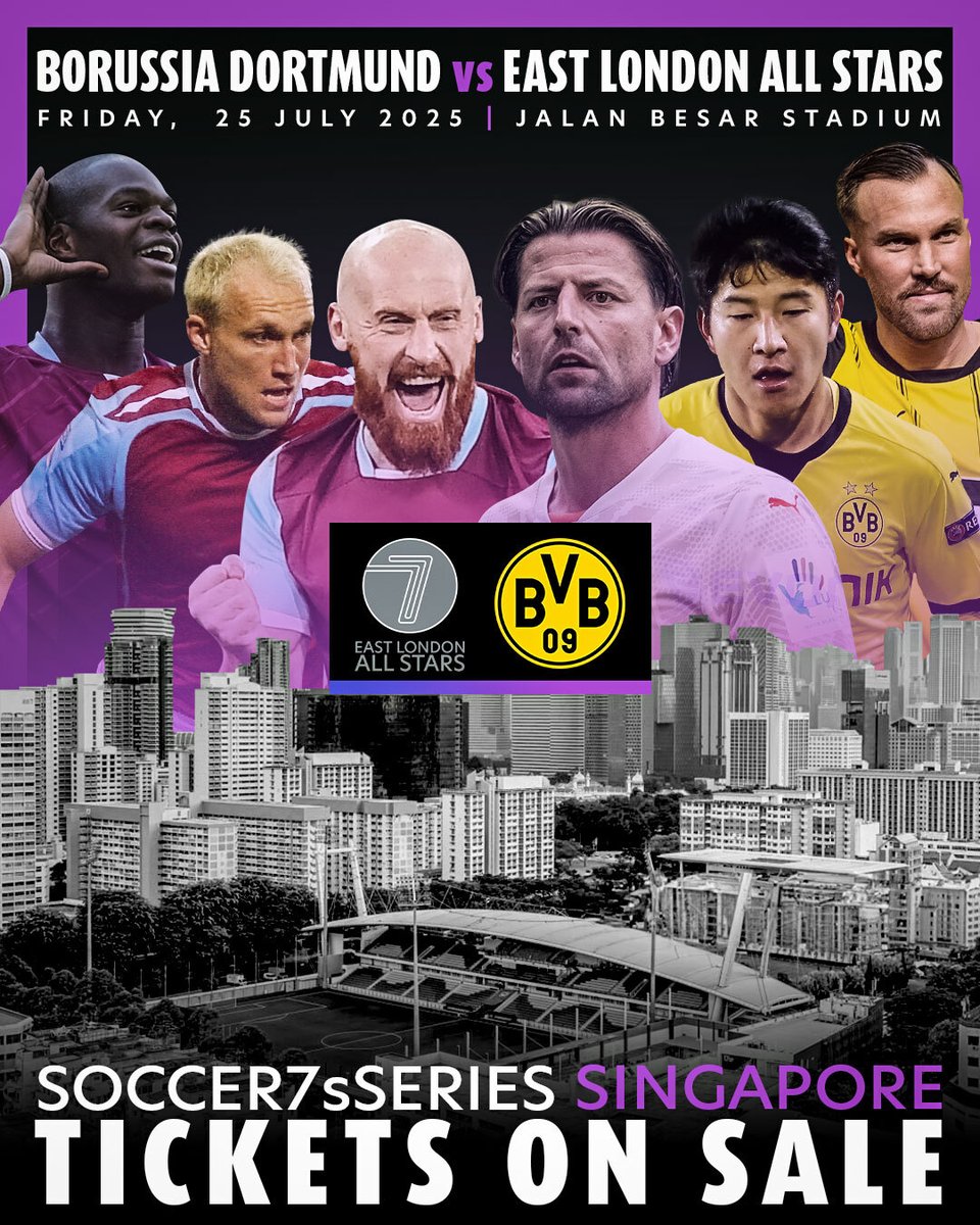 Soccer7sSeries's tweet image. Big names. Big game. 🌟
Catch the East London All Stars against Borussia Dortmund Legends only at #Soccer7sSeries, 25-27 July at Jalan Besar Stadium.
Tickets in our LINK IN BIO 🎫
#FasterFootball
