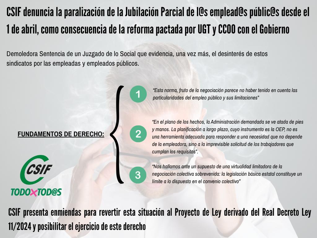 ⚖️ Primera sentencia que niega la jubilación parcial anticipada: #CSIF exige al Gobierno un cambio legal que reconozca este derecho a todos los/as empleados públicos.

↪️ El juzgado de lo Social Nº 1 de Asturias rechaza la petición de una enfermera de la red de Residencias de