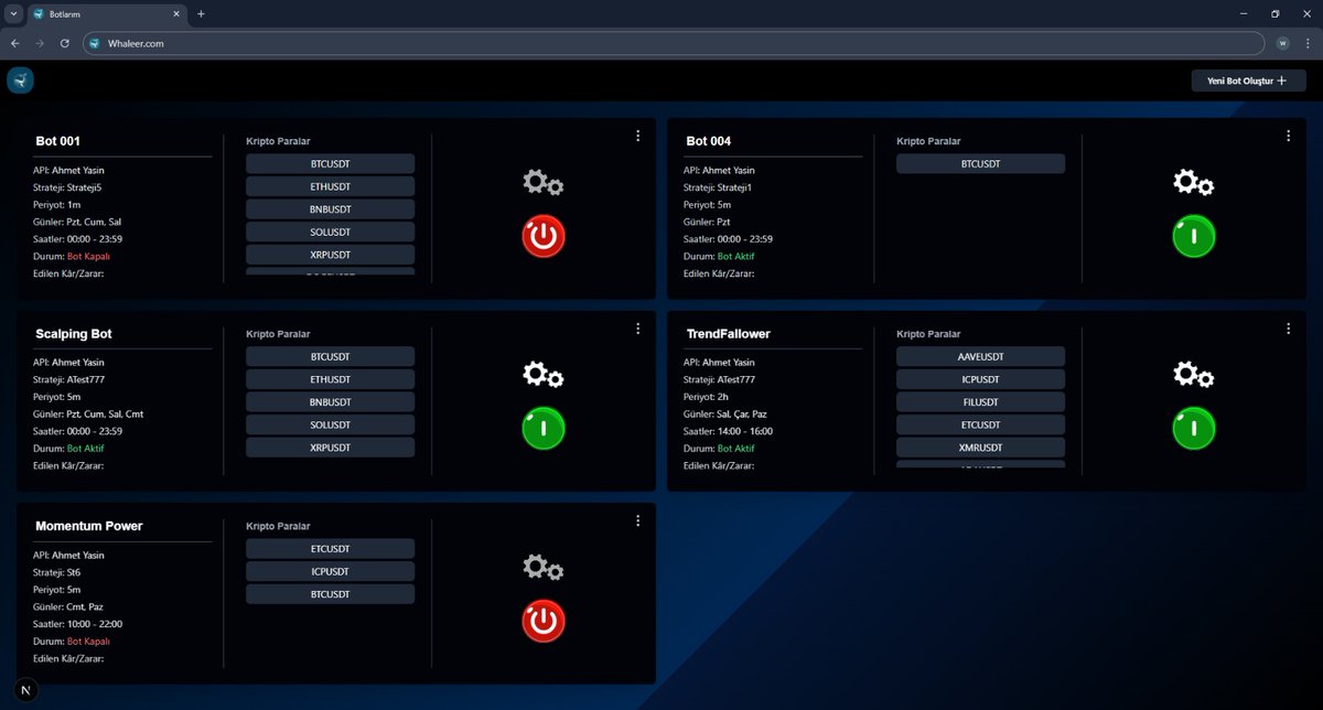 ⚙️ Stratejini seç, pariteni belirle, botunu başlat.
📍 Gerçek zamanlı bot yönetimi
🔁 Aynı anda birden fazla kripto paraya emir verebilen sistem
📆 Gün, saat ve strateji bazlı tetikleme desteği
Whaleer ile işlem otomasyonu hiç bu kadar esnek olmamıştı.
#algotrading #tradingbot