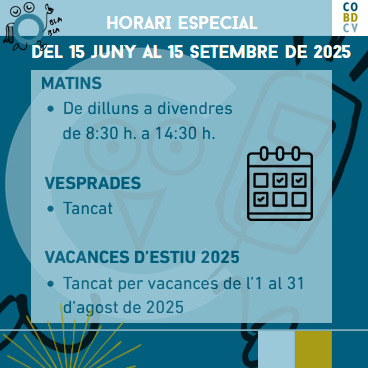 cobdcv's tweet image. 𝗘𝗧 𝗥𝗘𝗖𝗢𝗥𝗗𝗘𝗠 l'horari de Juliol del #COBDCV
🗣️Consultes presencials amb cita prèvia.
👋Ara és el moment de col·legiar-te, t'esperem!
𝐄𝐥 𝐂𝐎𝐁𝐃𝐂𝐕 𝐫𝐨𝐦𝐚𝐧𝐝𝐫𝐚̀ 𝐭𝐚𝐧𝐜𝐚𝐭 𝐝𝐮𝐫𝐚𝐧𝐭 𝐞𝐥 𝐦𝐞𝐬 𝐝❜𝐀𝐠𝐨𝐬𝐭.
👋🏼 ☀️Tornarem 1 de setembre📷😎