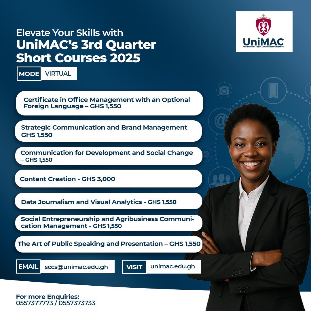 unimac_gh's tweet image. Applications for short courses are open!
UniMAC's expertly curated virtual short courses are designed to give you the competitive edge you need.
Explore our courses now:
👉 unimac.edu.gh/academics/unim…
📞 Need support? Call us:
0557377773 / 0557373333 / 0557373733