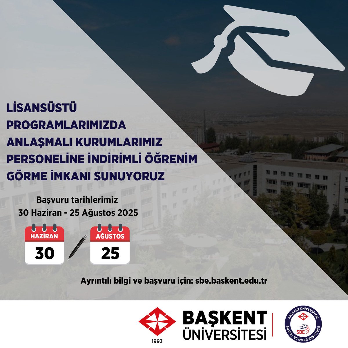 baskentiktisat's tweet photo. Lisansüstü başvuruları başladı.
Lisansüstü programlarımızda üniversitemiz mezunlarına %30 indirimli öğrenim görme fırsatı sağlıyoruz.

Başvuru tarih aralığı: 30 Haziran - 25 Ağustos 2025

Ayrıntılı bilgi ve başvuru için: https://t.co/8Ol9yBPuEU

#başkentüniversitesi https://t.co/tG4EwmRh01