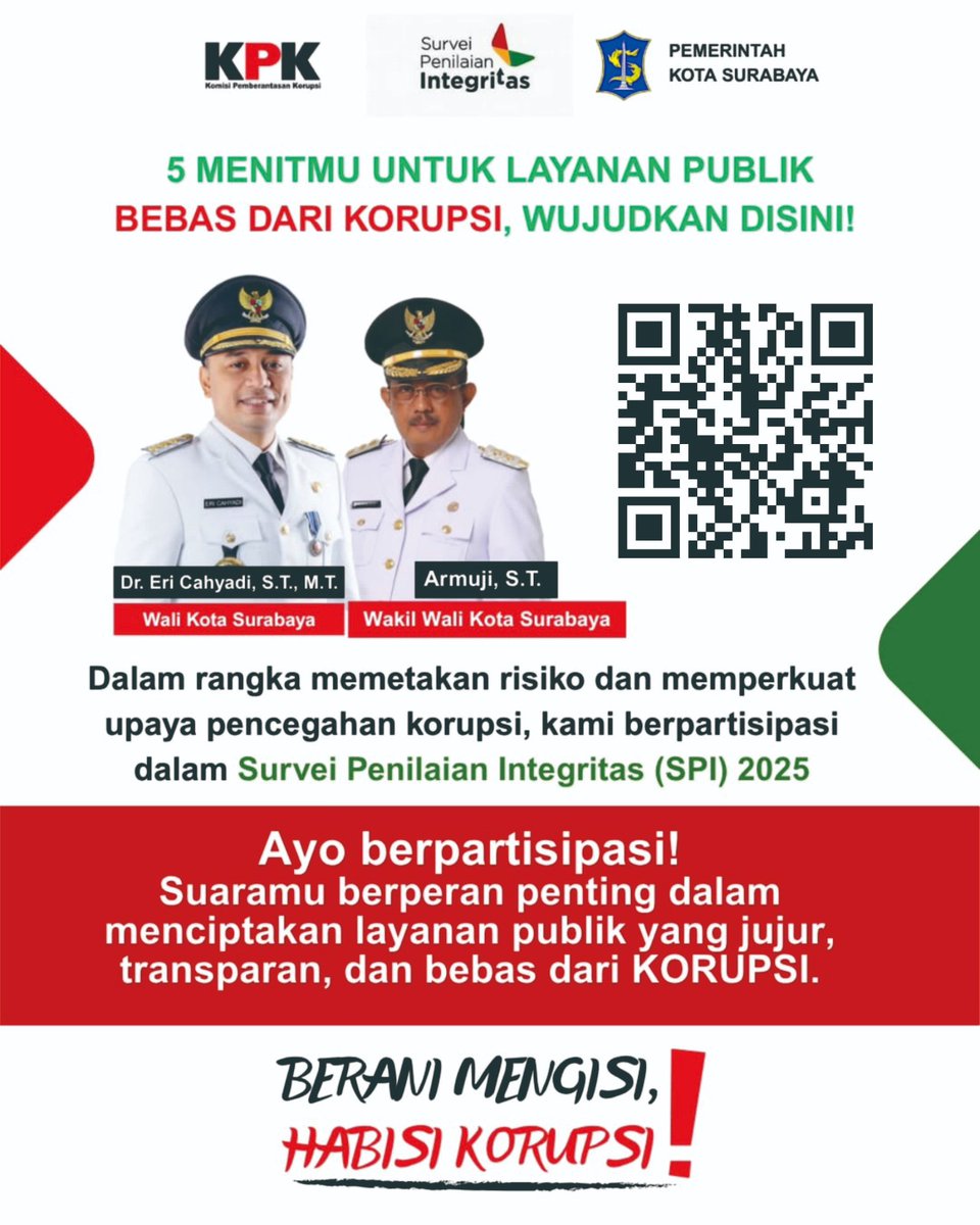 Ayo Sukseskan Survei Penilaian Integritas (SPI) 2025! 
.
KPK RI akan melaksanakan SPI 2025 pada bulan Agustus hingga Oktober 2025. Survei ini penting untuk memetakan risiko korupsi dan meningkatkan integritas serta kualitas layanan publik di Indonesia 
.
Mari ikut berkontribusi!