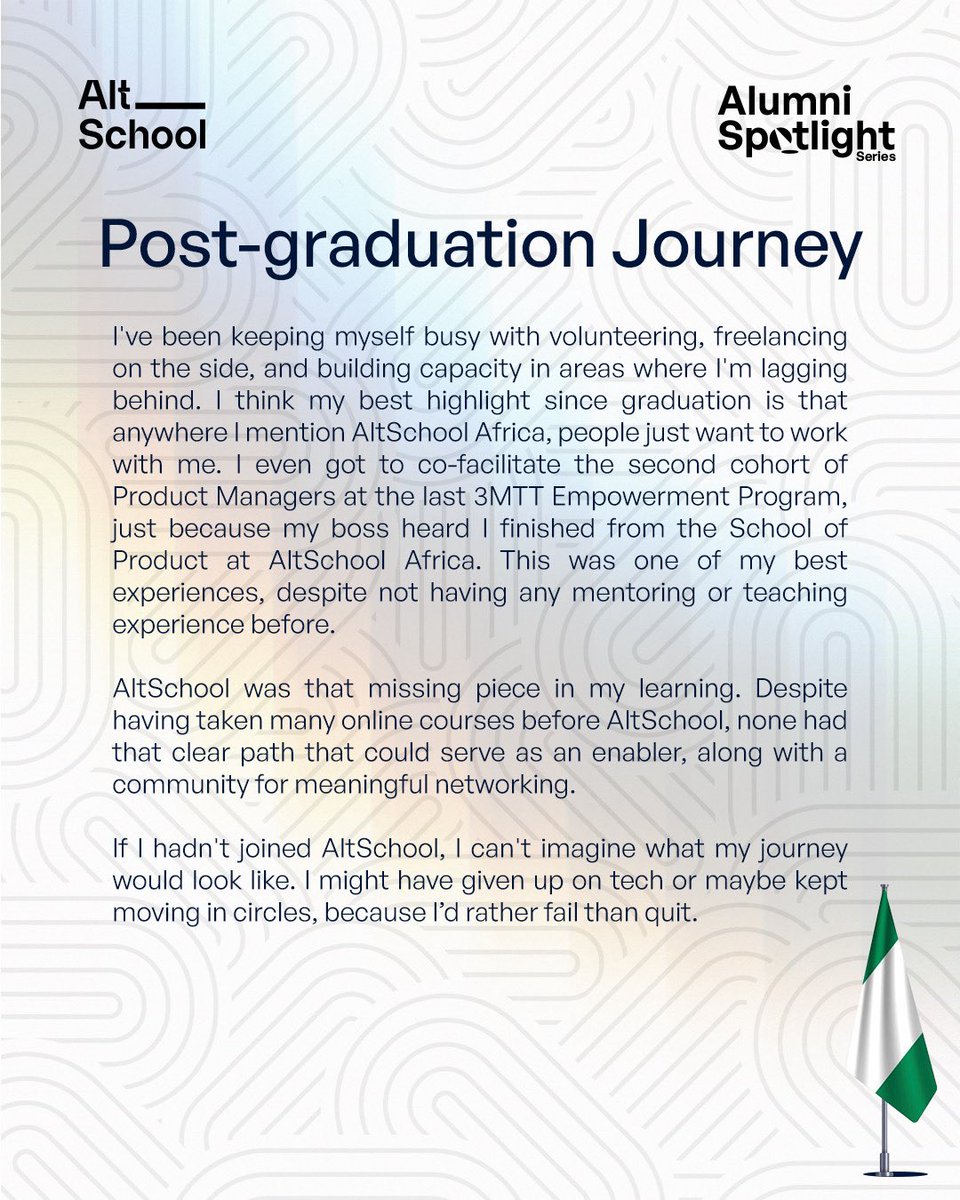 AltSchoolAfrica's tweet photo. Meet Cyril Ezekiel Aluwuo (@1emekaoc), a proud alumni of AltSchool Africa and now a Product Manager at Bluehouse Technologies!

Not only that, he also co-facilitated the second cohort of Product Managers in the recent 3MTT Empowerment Program. Talk about giving back and leveling up at the same time.

From ambition to achievement, Cyril’s story is all about growth, grit, and making things happen.

So, here’s the real question: Are you ready to start your own journey?