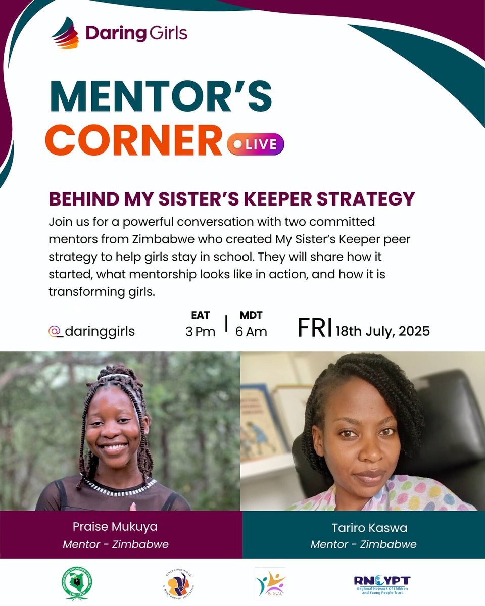 rncypt's tweet photo. Join our mentors LIVE today for 'Mentor's Corner' as Praise and Tariro share how 'My Sister's Keeper' peer strategy is helping girls stay in school and transforming lives!

Don't miss this powerful conversation TODAY, Friday, July 18th, 2025 at 3 PM EAT.

See you there! https://t.co/W1RHTW6d99