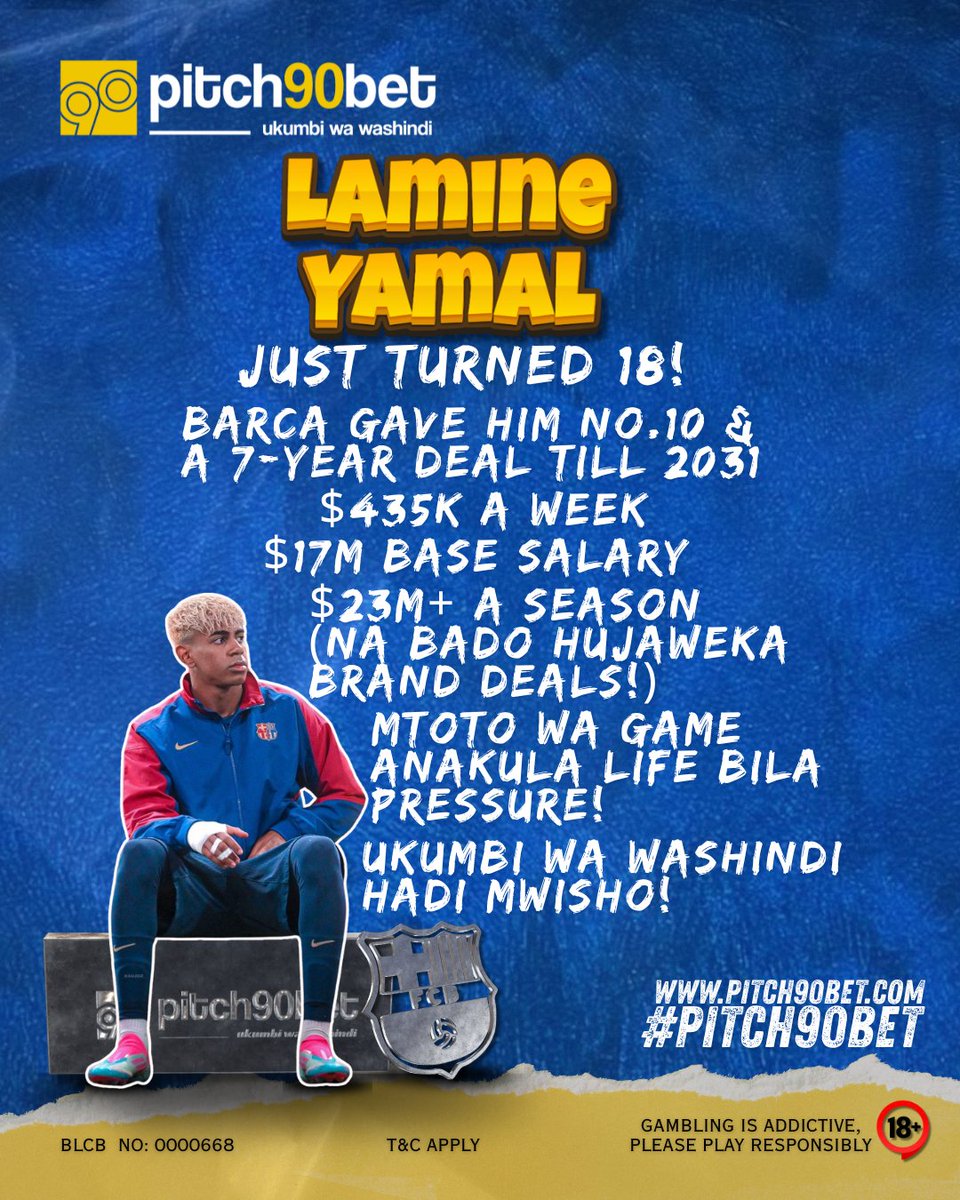 Pitch90Ushindi's tweet photo. 18 yrs old. Jersey No. 10.
$435K/week. $23M/year.
Yamal ni future ya game!
https://t.co/NxP8PLPhAt
Gambling is addictive please play responsibly.
#pitch90bet #ukumbiwawashindi #pitch90bet #fcbarcelon #lamine #yamal https://t.co/LaH0uOJL53