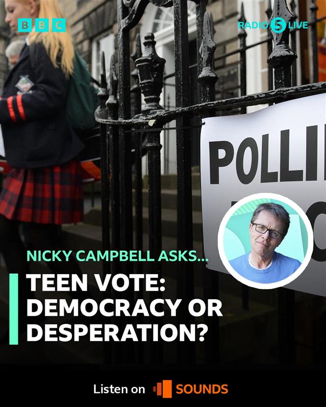 bbc5live's tweet image. Around 1.5 million 16 and 17-year-olds will be able to vote in the next general election.
The government says the move is the “biggest change to UK democracy in a generation"
Nicky Campbell asks: Teen vote: democracy or desperation?