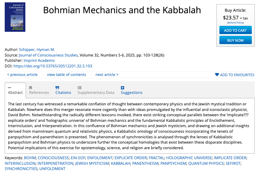 'Bohmian Mechanics and the Kabbalah' by Hyman M. Schipper. 

Read this article now in the Journal of Consciousness Studies!

Subscribe now:  
🔗imprint.co.uk/product/jcs/ 
Join Our Mailing List:  
📩mailchi.mp/imprint/newsle…